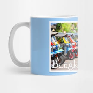 'Bangkok by Thailand' text over an illustration of colorful Thai Tuk-Tuks. Mug